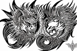 chimera, dragons wings, lions mane, crystal ball, shaman, dark, vertical, horns, dragons claws, shadow, snake tail, trippy, shoulder sleeve tattoo, feet on crystal ball tattoo idea