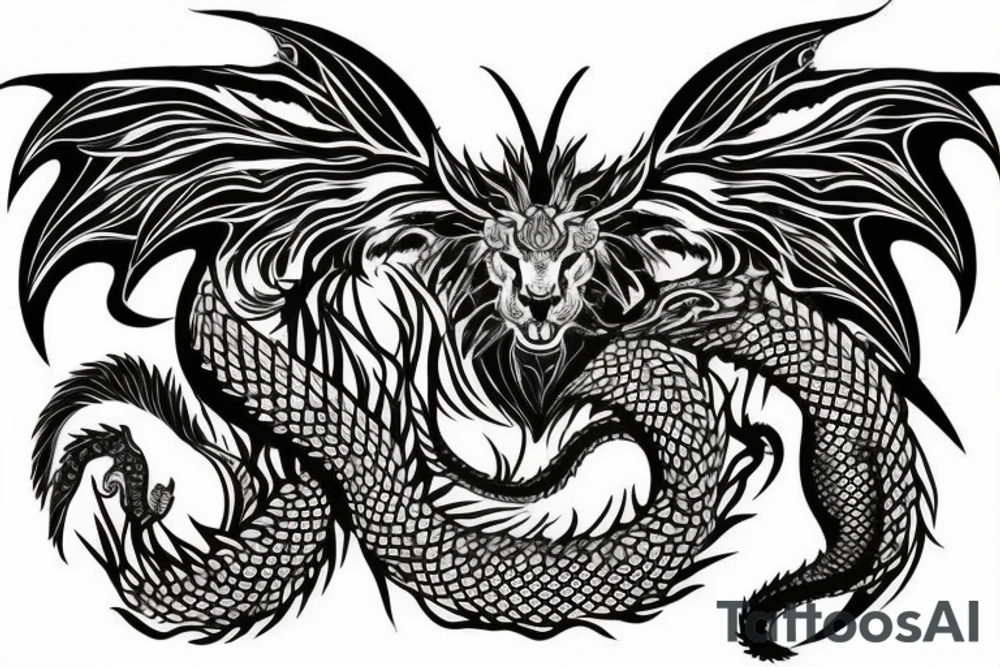 chimera, dragons wings, lions mane, crystal ball, shaman, dark, vertical, horns, dragons claws, shadow, snake tail, trippy, shoulder sleeve tattoo, feet on crystal ball tattoo idea