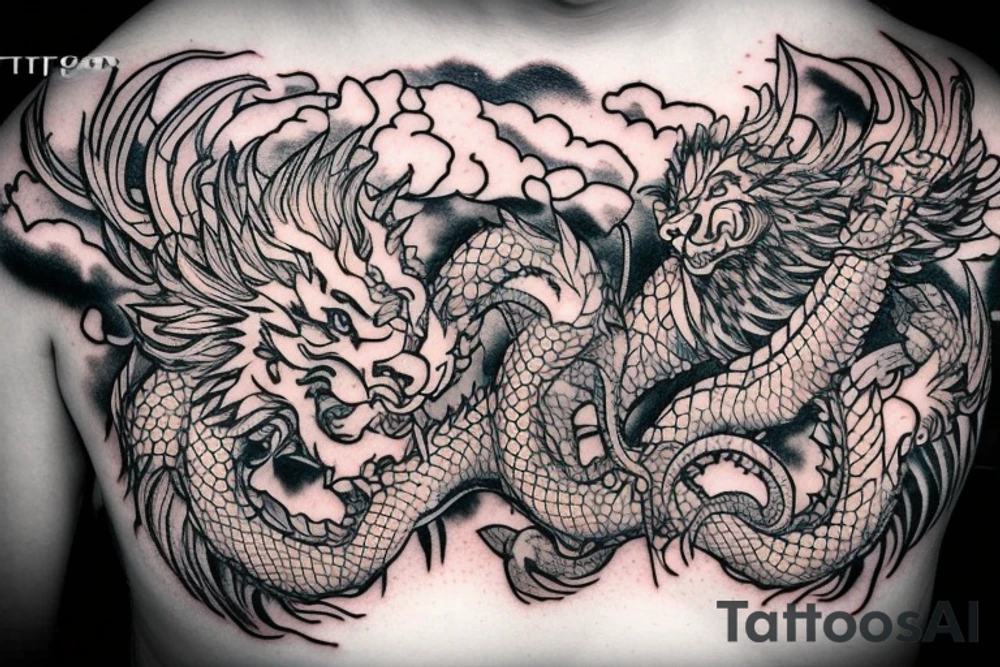 chimera, dragons wings, lions mane, crystal ball, shaman, dark, vertical, horns, dragons claws, shadow, snake tail, trippy, shoulder sleeve tattoo, feet on crystal ball tattoo idea