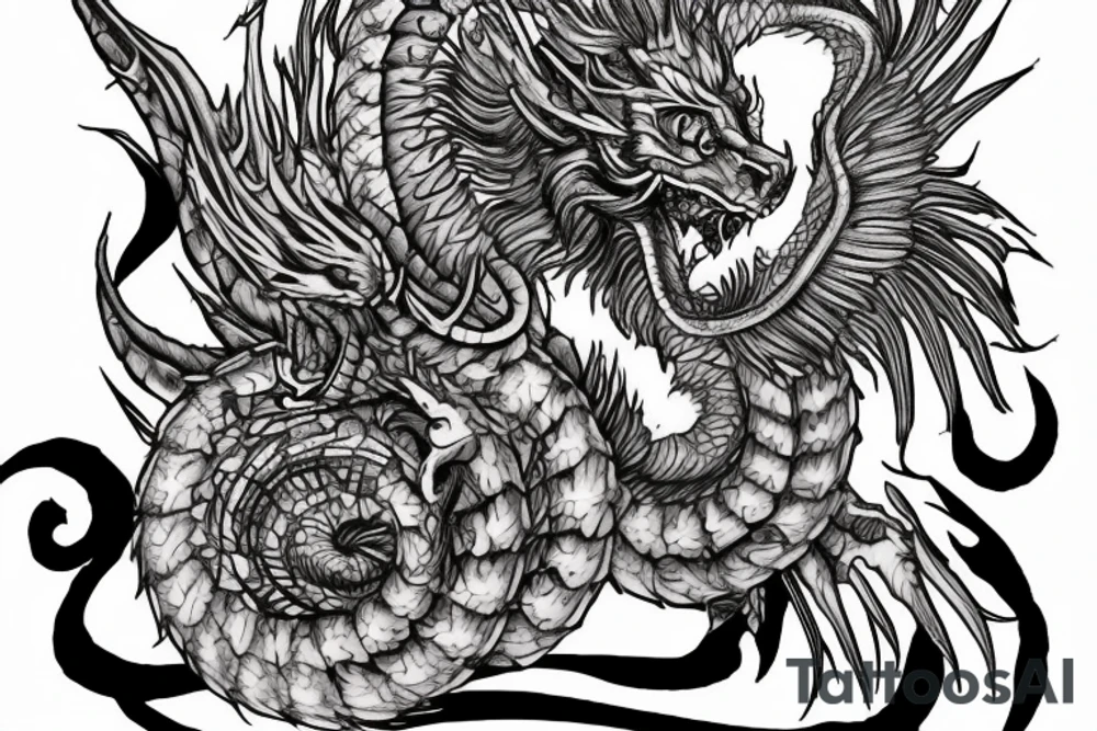 chimera, dragons wings, lions mane, crystal ball, shaman, dark, vertical, horns, dragons claws, shadow, snake tail, trippy, shoulder sleeve tattoo, feet on crystal ball tattoo idea