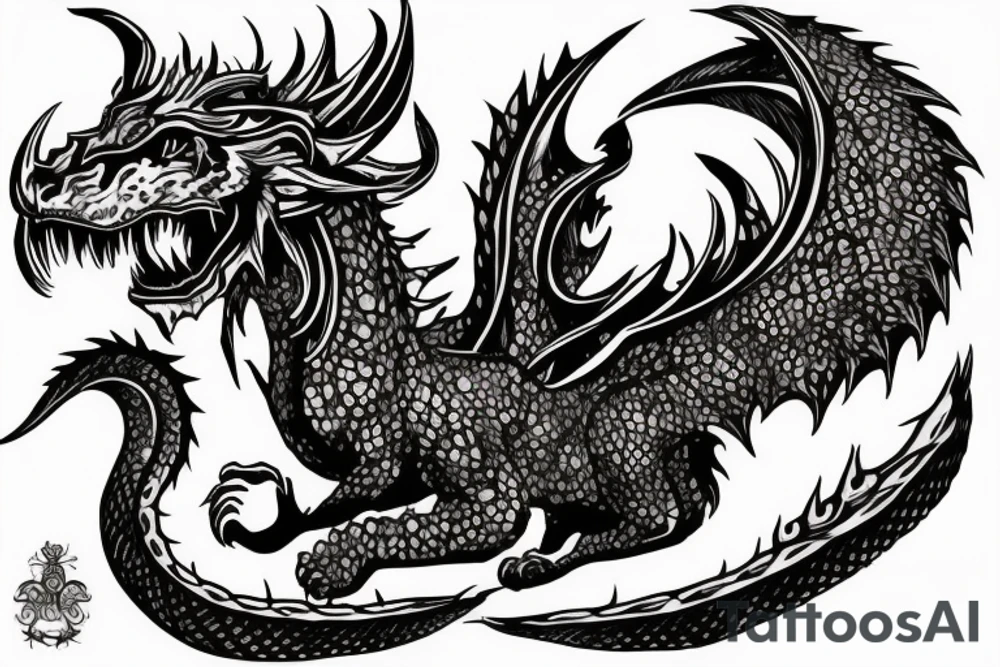 chimera, dragons wings, lions mane, crystal ball, shaman, dark, vertical, horns, dragons claws, shadow, snake tail, trippy, shoulder sleeve tattoo, feet on crystal ball tattoo idea