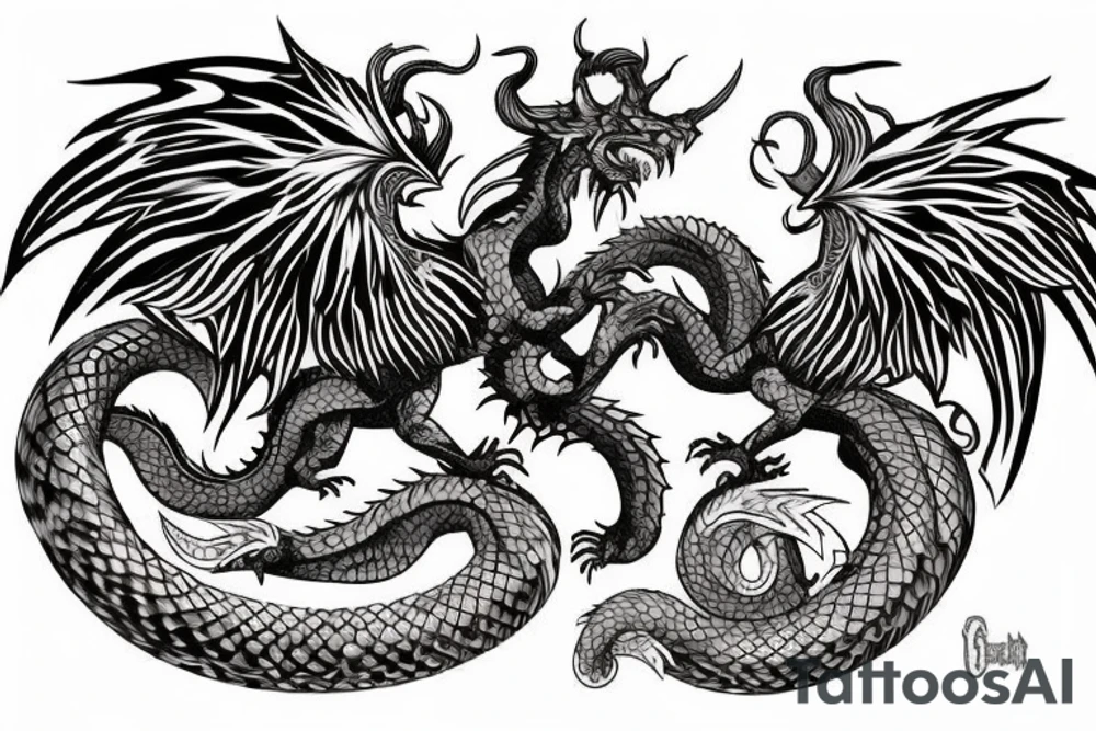 chimera, dragons wings, lions mane, crystal ball, shaman, dark, vertical, horns, dragons claws, shadow, snake tail, trippy, shoulder sleeve tattoo, feet on crystal ball tattoo idea