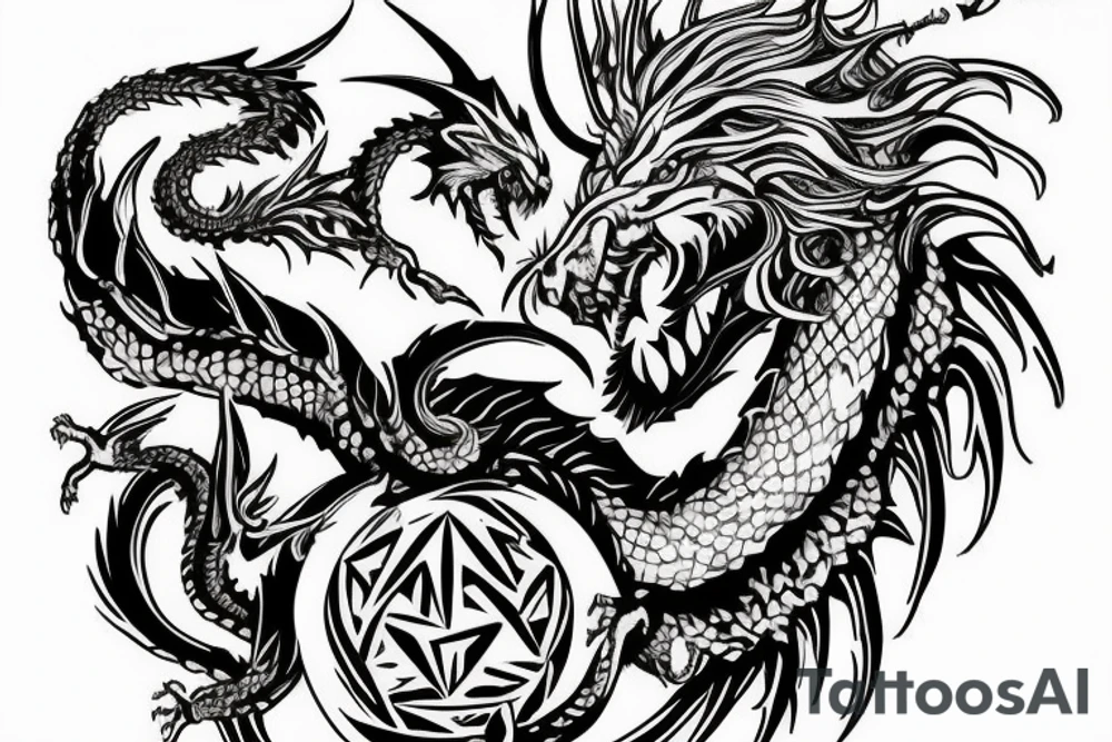 chimera, dragons wings, lions mane, crystal ball, shaman, dark, vertical, horns, dragons claws, shadow, snake tail, trippy, shoulder sleeve tattoo, feet on crystal ball tattoo idea