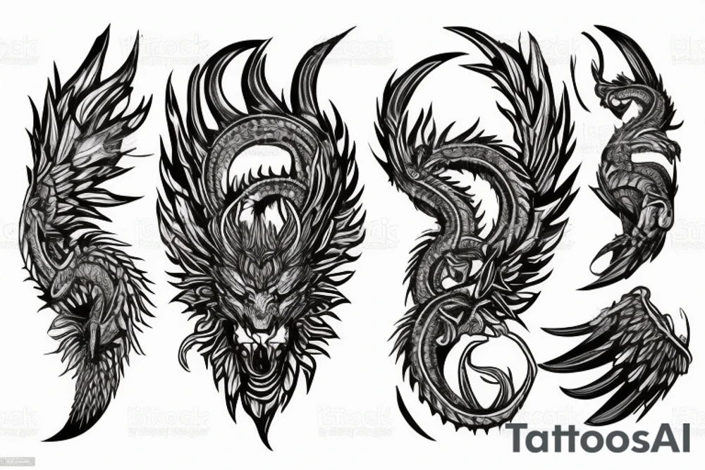 chimera, dragons wings, lions mane, crystal ball, shaman, dark, vertical, horns, dragons claws, shadow, snake tail, trippy, shoulder sleeve tattoo, feet on crystal ball tattoo idea