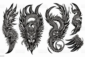 chimera, dragons wings, lions mane, crystal ball, shaman, dark, vertical, horns, dragons claws, shadow, snake tail, trippy, shoulder sleeve tattoo, feet on crystal ball tattoo idea