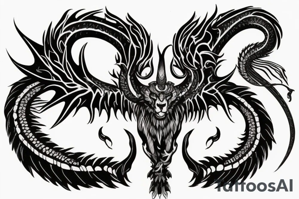 chimera, dragons wings, lions mane, crystal ball, shaman, dark, vertical, horns, dragons claws, shadow, snake tail, trippy, shoulder sleeve tattoo, feet on crystal ball tattoo idea