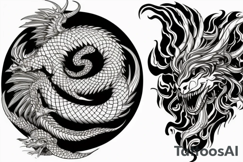 chimera, dragons wings, lions mane, crystal ball, shaman, dark, vertical, horns, dragons claws, shadow, snake tail, trippy, shoulder sleeve tattoo, feet on crystal ball tattoo idea