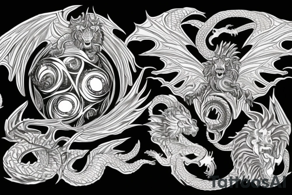 chimera, dragons wings, lions mane, crystal ball, shaman, dark, vertical, horns, dragons claws, shadow, snake tail, trippy, shoulder sleeve tattoo, feet on crystal ball tattoo idea