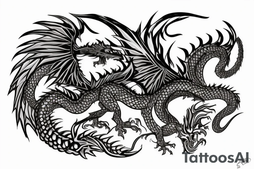 chimera, dragons wings, lions mane, crystal ball, shaman, dark, vertical, horns, dragons claws, shadow, snake tail, trippy, shoulder sleeve tattoo, feet on crystal ball tattoo idea