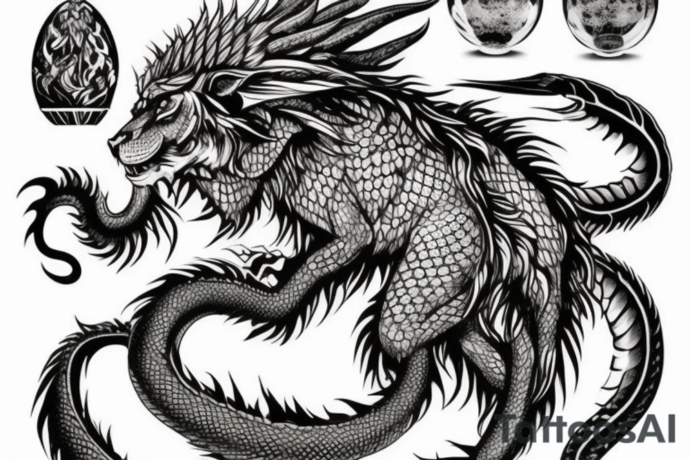 chimera, dragons wings, lions mane, crystal ball, shaman, dark, vertical, horns, dragons claws, shadow, snake tail, trippy, shoulder sleeve tattoo, feet on crystal ball tattoo idea