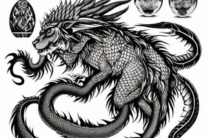 chimera, dragons wings, lions mane, crystal ball, shaman, dark, vertical, horns, dragons claws, shadow, snake tail, trippy, shoulder sleeve tattoo, feet on crystal ball tattoo idea