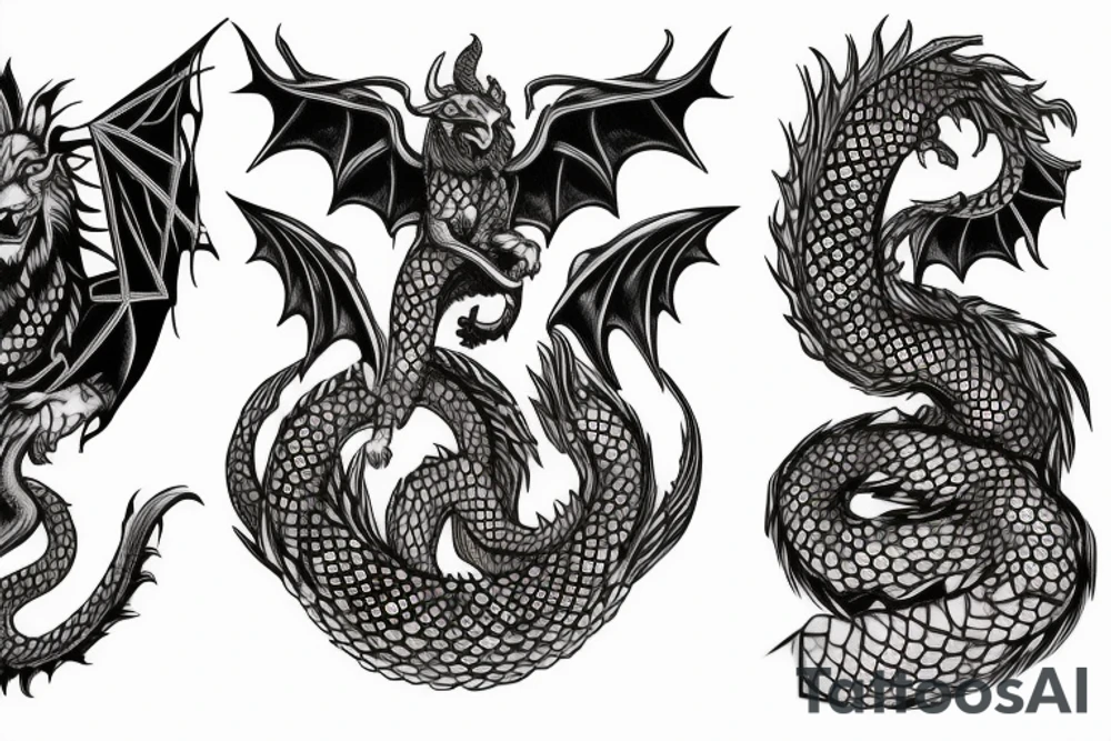 chimera, dragons wings, lions mane, crystal ball, shaman, dark, vertical, horns, dragons claws, shadow, snake tail, trippy, shoulder sleeve tattoo, feet on crystal ball tattoo idea
