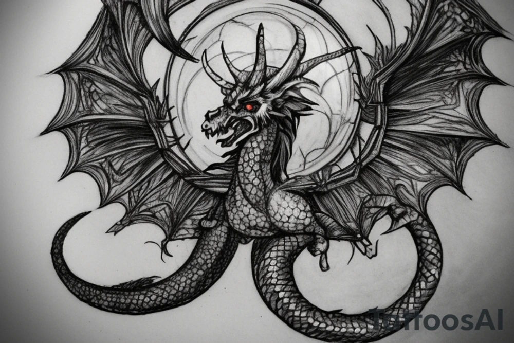 tattoo, drawing on paper, sketch, chimera,big , dragons wings, lions mane, crystal ball, shaman, dark, vertical, horns, dragons claws, shadow, snake tail, trippy, crystal ball at bottom, feet on crystal ball, tribal, black and white, big black wings, high quality, good design, artist, interesting, thoughtful, dragon scales, totem pole shape, vertically stacked, realistic, meditate, full image tattoo idea