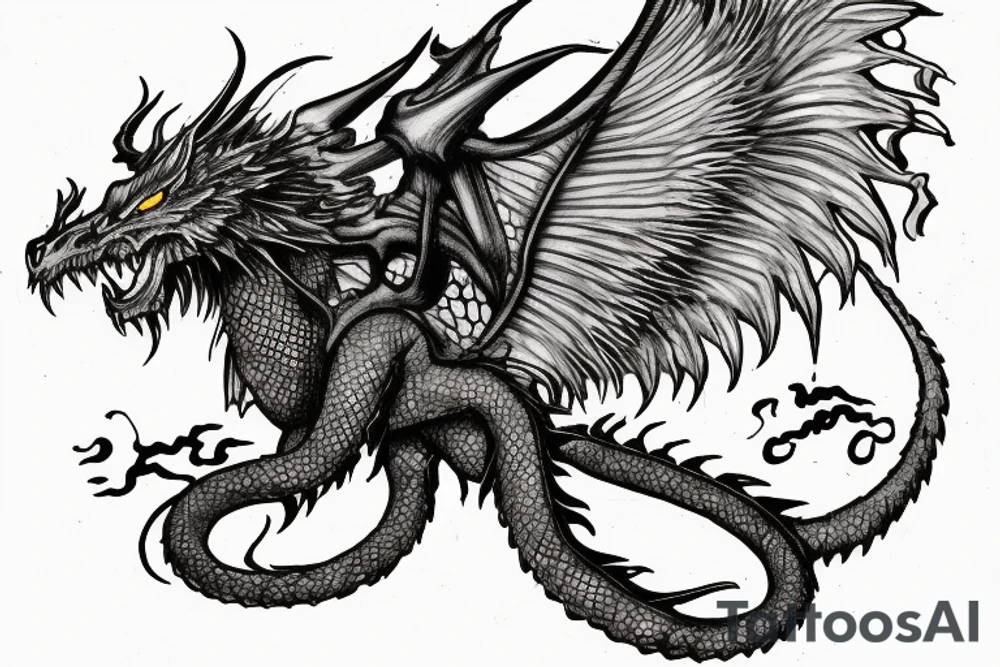 tattoo, drawing on paper, sketch, chimera,big , dragons wings, lions mane, crystal ball, shaman, dark, vertical, horns, dragons claws, shadow, snake tail, trippy, crystal ball at bottom, feet on crystal ball, tribal, black and white, big black wings, high quality, good design, artist, interesting, thoughtful, dragon scales, totem pole shape, vertically stacked, realistic, meditate, full image tattoo idea