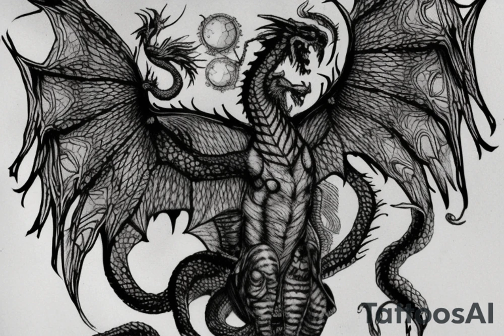 tattoo, drawing on paper, sketch, chimera,big , dragons wings, lions mane, crystal ball, shaman, dark, vertical, horns, dragons claws, shadow, snake tail, trippy, crystal ball at bottom, feet on crystal ball, tribal, black and white, big black wings, high quality, good design, artist, interesting, thoughtful, dragon scales, totem pole shape, vertically stacked, realistic, meditate, full image tattoo idea
