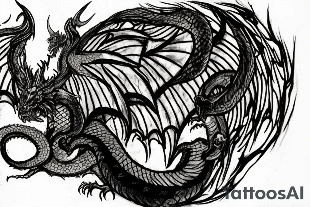 tattoo, drawing on paper, sketch, chimera,big , dragons wings, lions mane, crystal ball, shaman, dark, vertical, horns, dragons claws, shadow, snake tail, trippy, crystal ball at bottom, feet on crystal ball, tribal, black and white, big black wings, high quality, good design, artist, interesting, thoughtful, dragon scales, totem pole shape, vertically stacked, realistic, meditate, full image tattoo idea
