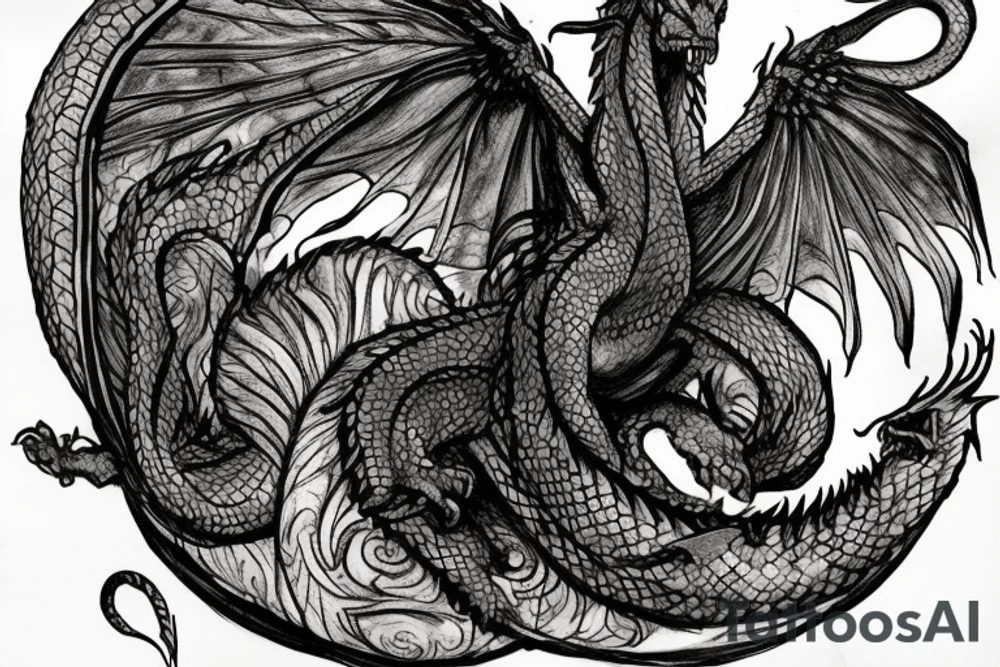 tattoo, drawing on paper, sketch, chimera,big , dragons wings, lions mane, crystal ball, shaman, dark, vertical, horns, dragons claws, shadow, snake tail, trippy, crystal ball at bottom, feet on crystal ball, tribal, black and white, big black wings, high quality, good design, artist, interesting, thoughtful, dragon scales, totem pole shape, vertically stacked, realistic, meditate, full image tattoo idea