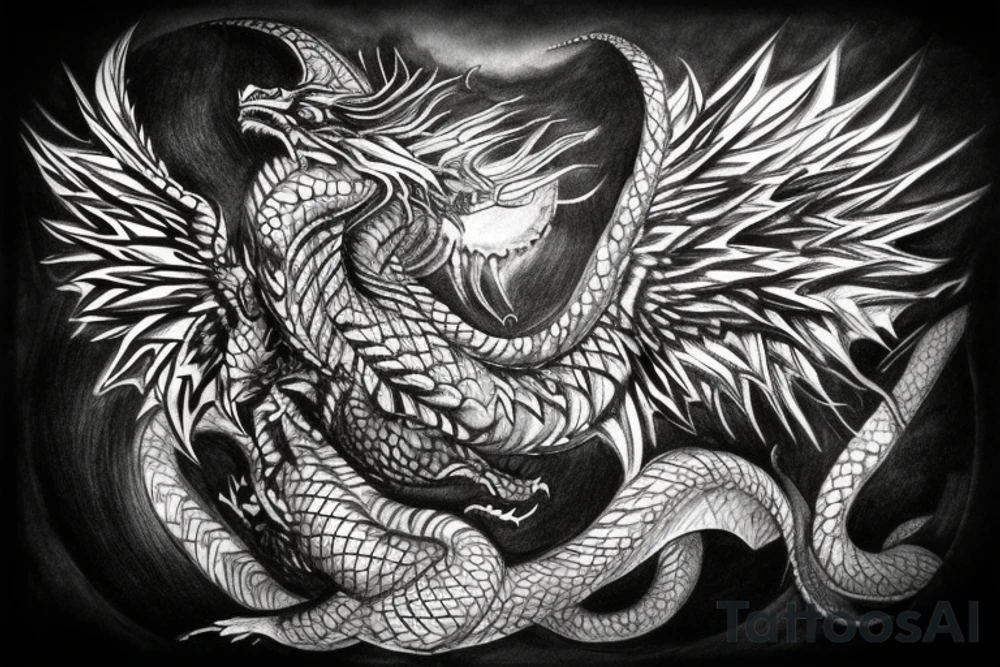 tattoo, drawing on paper, sketch, chimera,big , dragons wings, lions mane, crystal ball, shaman, dark, vertical, horns, dragons claws, shadow, snake tail, trippy, crystal ball at bottom, feet on crystal ball, tribal, black and white, big black wings, high quality, good design, artist, interesting, thoughtful, dragon scales, totem pole shape, vertically stacked, realistic, meditate, full image tattoo idea