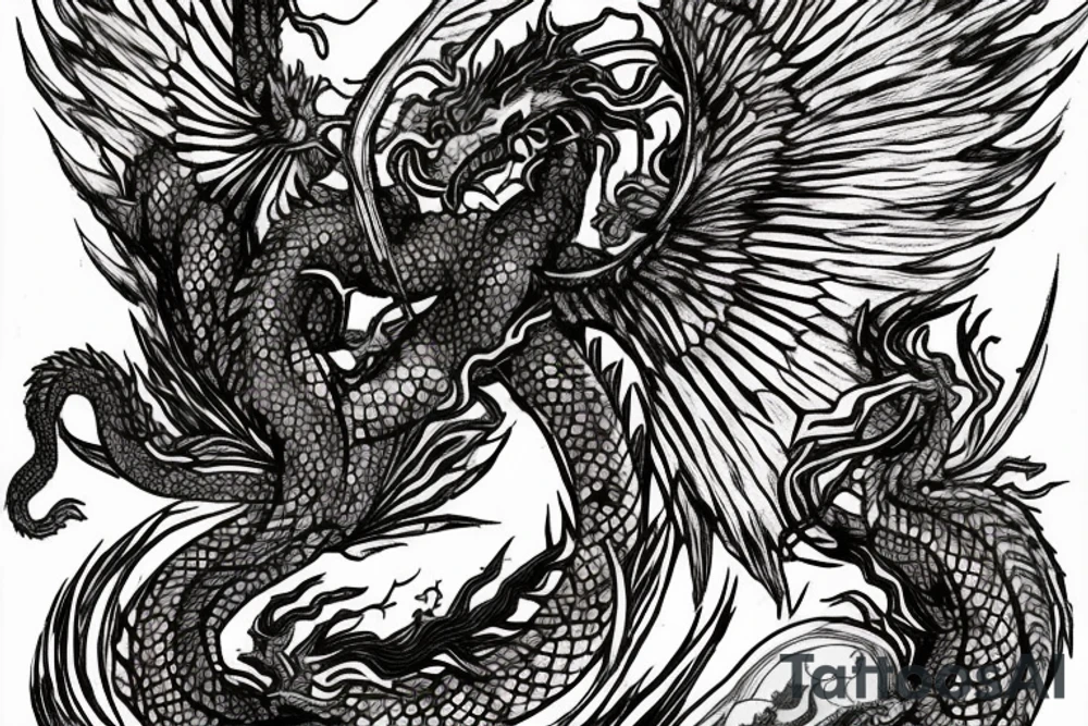 tattoo, drawing on paper, sketch, chimera,big , dragons wings, lions mane, crystal ball, shaman, dark, vertical, horns, dragons claws, shadow, snake tail, trippy, crystal ball at bottom, feet on crystal ball, tribal, black and white, big black wings, high quality, good design, artist, interesting, thoughtful, dragon scales, totem pole shape, vertically stacked, realistic, meditate, full image tattoo idea