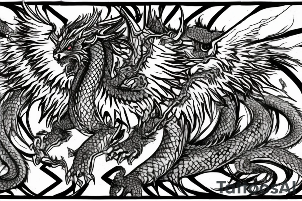 tattoo, drawing on paper, sketch, chimera,big , dragons wings, lions mane, crystal ball, shaman, dark, vertical, horns, dragons claws, shadow, snake tail, trippy, crystal ball at bottom, feet on crystal ball, tribal, black and white, big black wings, high quality, good design, artist, interesting, thoughtful, dragon scales, totem pole shape, vertically stacked, realistic, meditate, full image tattoo idea