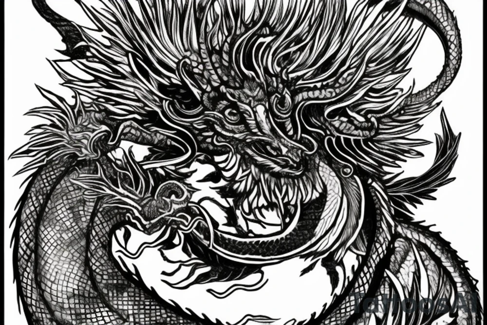 tattoo, drawing on paper, sketch, chimera,big , dragons wings, lions mane, crystal ball, shaman, dark, vertical, horns, dragons claws, shadow, snake tail, trippy, crystal ball at bottom, feet on crystal ball, tribal, black and white, big black wings, high quality, good design, artist, interesting, thoughtful, dragon scales, totem pole shape, vertically stacked, realistic, meditate, full image tattoo idea