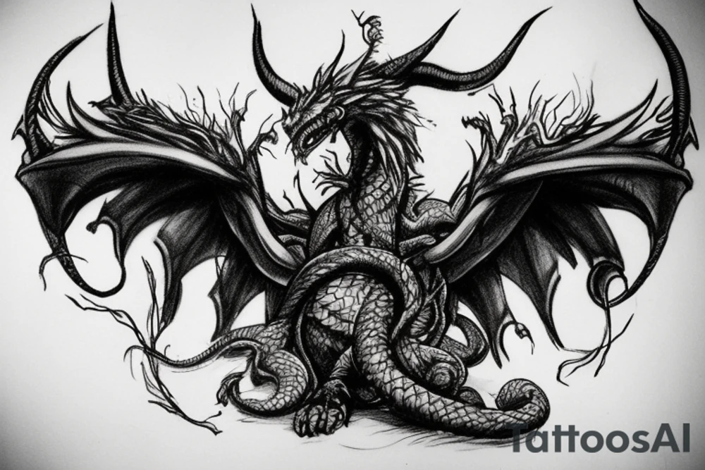 tattoo, drawing on paper, sketch, chimera,big , dragons wings, lions mane, crystal ball, shaman, dark, vertical, horns, dragons claws, shadow, snake tail, trippy, crystal ball at bottom, feet on crystal ball, tribal, black and white, big black wings, high quality, good design, artist, interesting, thoughtful, dragon scales, totem pole shape, vertically stacked, realistic, meditate, full image tattoo idea