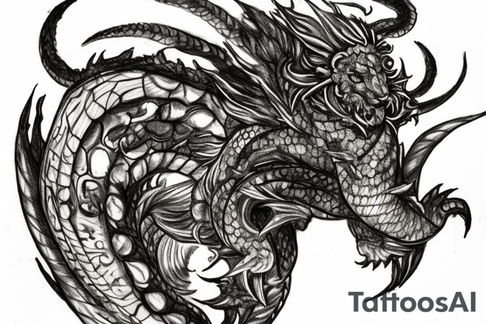tattoo, drawing on paper, sketch, chimera,big , dragons wings, lions mane, crystal ball, shaman, dark, vertical, horns, dragons claws, shadow, snake tail, trippy, crystal ball at bottom, feet on crystal ball, tribal, black and white, big black wings, high quality, good design, artist, interesting, thoughtful, dragon scales, totem pole shape, vertically stacked, realistic, meditate, full image tattoo idea