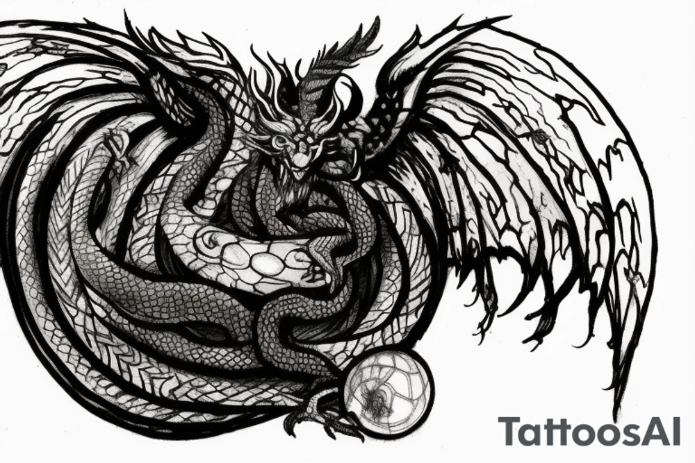 tattoo, drawing on paper, sketch, chimera,big , dragons wings, lions mane, crystal ball, shaman, dark, vertical, horns, dragons claws, shadow, snake tail, trippy, crystal ball at bottom, feet on crystal ball, tribal, black and white, big black wings, high quality, good design, artist, interesting, thoughtful, dragon scales, totem pole shape, vertically stacked, realistic, meditate, full image tattoo idea