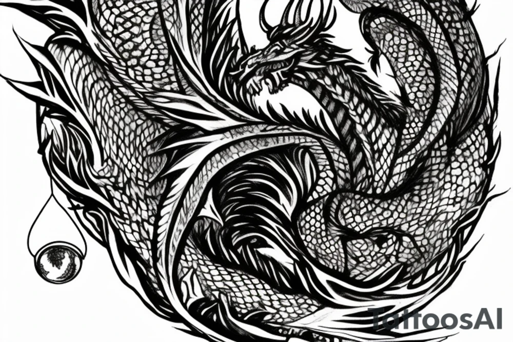 tattoo, drawing on paper, sketch, chimera,big , dragons wings, lions mane, crystal ball, shaman, dark, vertical, horns, dragons claws, shadow, snake tail, trippy, crystal ball at bottom, feet on crystal ball, tribal, black and white, big black wings, high quality, good design, artist, interesting, thoughtful, dragon scales, totem pole shape, vertically stacked, realistic, meditate, full image tattoo idea