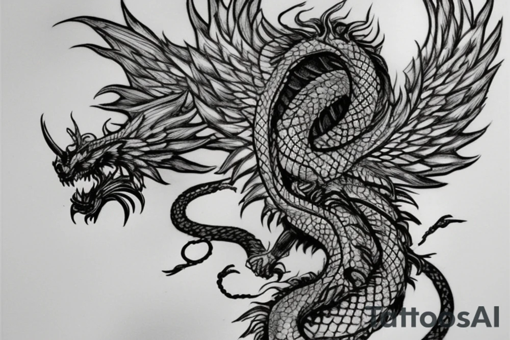 tattoo, drawing on paper, sketch, chimera,big , dragons wings, lions mane, crystal ball, shaman, dark, vertical, horns, dragons claws, shadow, snake tail, trippy, crystal ball at bottom, feet on crystal ball, tribal, black and white, big black wings, high quality, good design, artist, interesting, thoughtful, dragon scales, totem pole shape, vertically stacked, realistic, meditate, full image tattoo idea