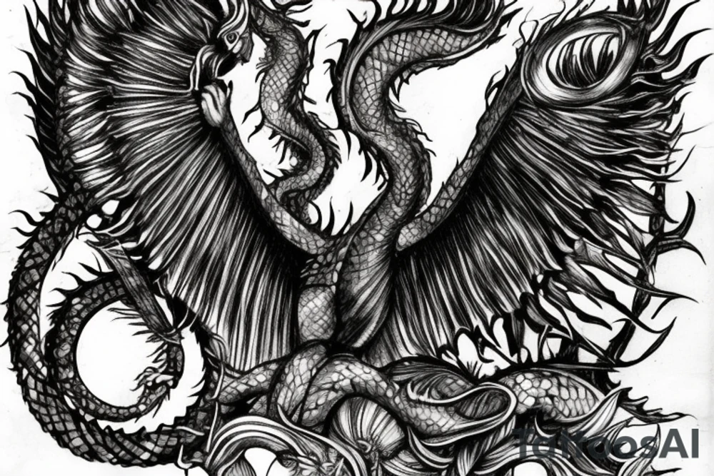 tattoo, drawing on paper, sketch, chimera,big , dragons wings, lions mane, crystal ball, shaman, dark, vertical, horns, dragons claws, shadow, snake tail, trippy, crystal ball at bottom, feet on crystal ball, tribal, black and white, big black wings, high quality, good design, artist, interesting, thoughtful, dragon scales, totem pole shape, vertically stacked, realistic, meditate, full image tattoo idea