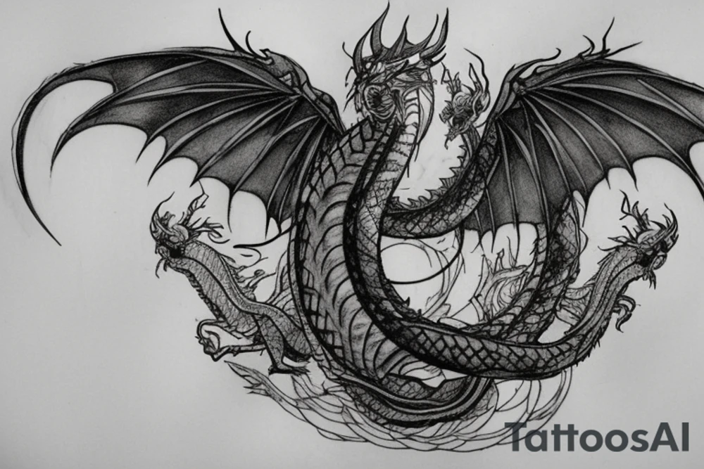 tattoo, drawing on paper, sketch, chimera,big , dragons wings, lions mane, crystal ball, shaman, dark, vertical, horns, dragons claws, shadow, snake tail, trippy, crystal ball at bottom, feet on crystal ball, tribal, black and white, big black wings, high quality, good design, artist, interesting, thoughtful, dragon scales, totem pole shape, vertically stacked, realistic, meditate, full image tattoo idea