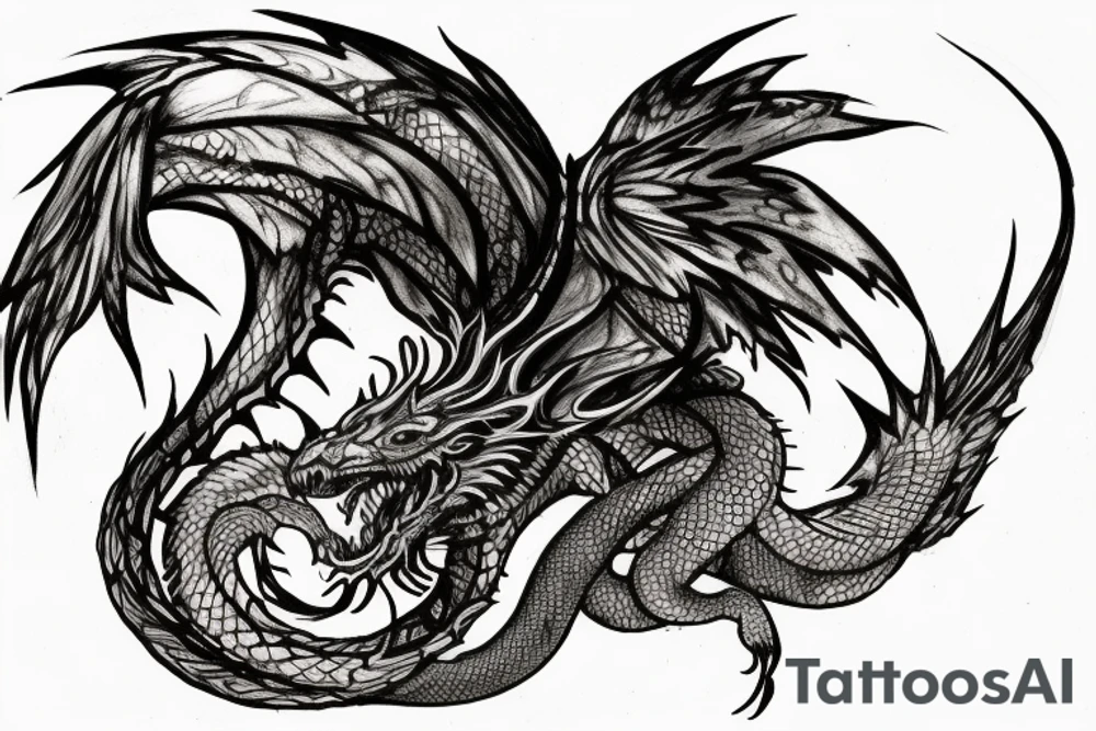 tattoo, drawing on paper, sketch, chimera,big , dragons wings, lions mane, crystal ball, shaman, dark, vertical, horns, dragons claws, shadow, snake tail, trippy, crystal ball at bottom, feet on crystal ball, tribal, black and white, big black wings, high quality, good design, artist, interesting, thoughtful, dragon scales, totem pole shape, vertically stacked, realistic, meditate, full image tattoo idea