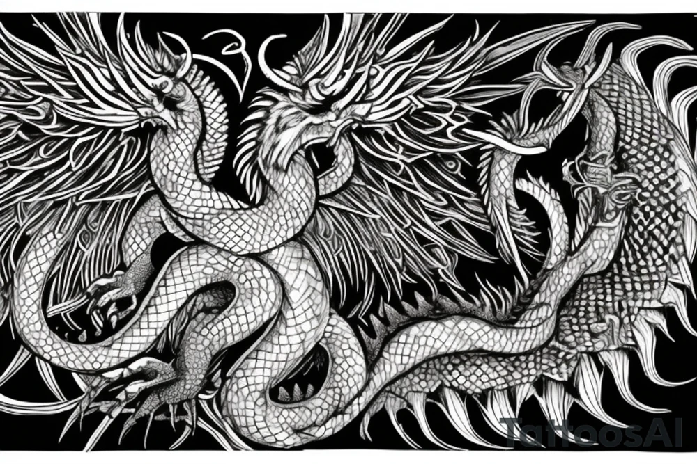 tattoo, drawing on paper, sketch, chimera,big , dragons wings, lions mane, crystal ball, shaman, dark, vertical, horns, dragons claws, shadow, snake tail, trippy, crystal ball at bottom, feet on crystal ball, tribal, black and white, big black wings, high quality, good design, artist, interesting, thoughtful, dragon scales, totem pole shape, vertically stacked, realistic, meditate, full image tattoo idea