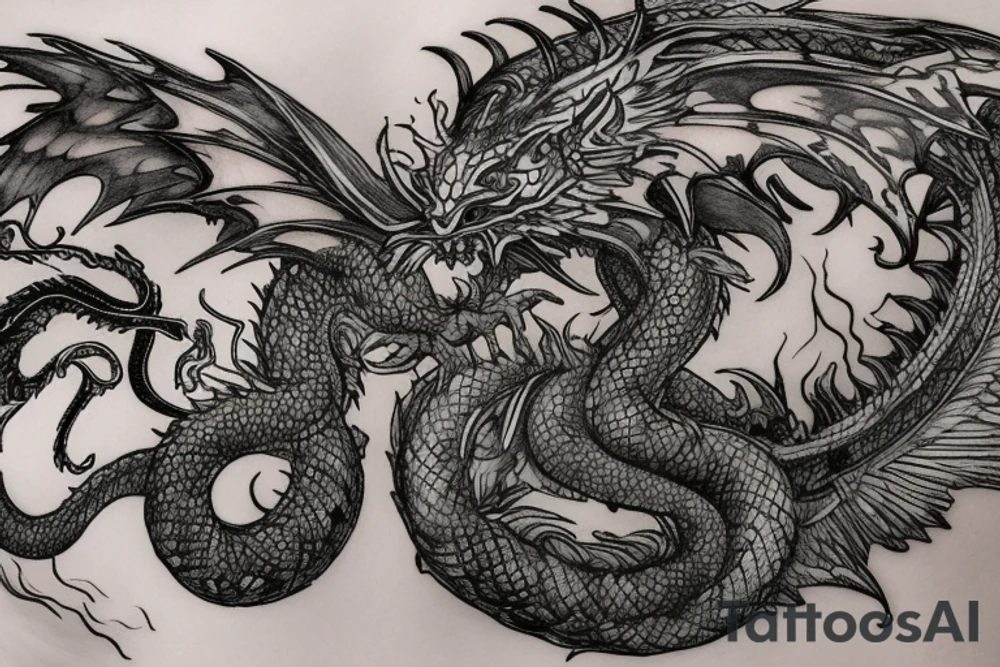 tattoo, drawing on paper, sketch, chimera,big , dragons wings, lions mane, crystal ball, shaman, dark, vertical, horns, dragons claws, shadow, snake tail, trippy, crystal ball at bottom, feet on crystal ball, tribal, black and white, big black wings, high quality, good design, artist, interesting, thoughtful, dragon scales, totem pole shape, vertically stacked, realistic, meditate, full image tattoo idea