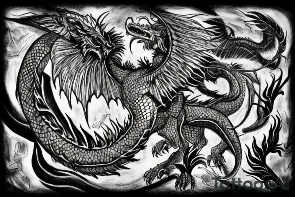 tattoo, drawing on paper, sketch, chimera,big , dragons wings, lions mane, crystal ball, shaman, dark, vertical, horns, dragons claws, shadow, snake tail, trippy, crystal ball at bottom, feet on crystal ball, tribal, black and white, big black wings, high quality, good design, artist, interesting, thoughtful, dragon scales, totem pole shape, vertically stacked, realistic, meditate, full image tattoo idea