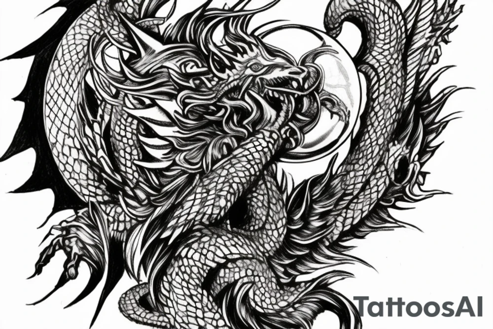 tattoo, drawing on paper, sketch, chimera,big , dragons wings, lions mane, crystal ball, shaman, dark, vertical, horns, dragons claws, shadow, snake tail, trippy, crystal ball at bottom, feet on crystal ball, tribal, black and white, big black wings, high quality, good design, artist, interesting, thoughtful, dragon scales, totem pole shape, vertically stacked, realistic, meditate, full image tattoo idea