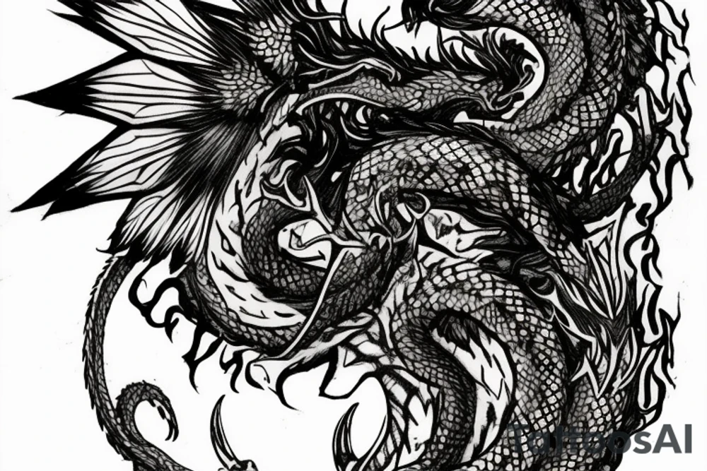 tattoo, drawing on paper, sketch, chimera,big , dragons wings, lions mane, crystal ball, shaman, dark, vertical, horns, dragons claws, shadow, snake tail, trippy, crystal ball at bottom, feet on crystal ball, tribal, black and white, big black wings, high quality, good design, artist, interesting, thoughtful, dragon scales, totem pole shape, vertically stacked, realistic, meditate, full image tattoo idea