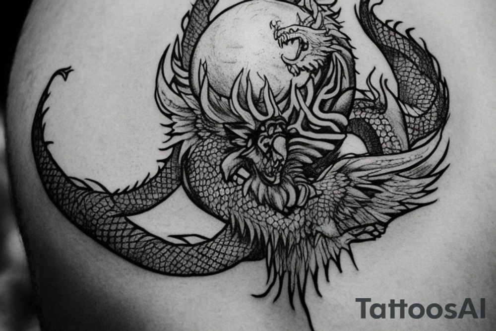 tattoo, drawing on paper, sketch, chimera,big , dragons wings, lions mane, crystal ball, shaman, dark, vertical, horns, dragons claws, shadow, snake tail, trippy, crystal ball at bottom, feet on crystal ball, tribal, black and white, big black wings, high quality, good design, artist, interesting, thoughtful, dragon scales, totem pole shape, vertically stacked, realistic, meditate, full image tattoo idea