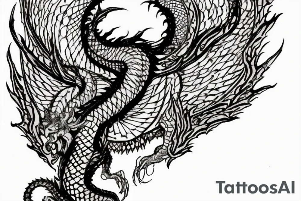 tattoo, drawing on paper, sketch, chimera,big , dragons wings, lions mane, crystal ball, shaman, dark, vertical, horns, dragons claws, shadow, snake tail, trippy, crystal ball at bottom, feet on crystal ball, tribal, black and white, big black wings, high quality, good design, artist, interesting, thoughtful, dragon scales, totem pole shape, vertically stacked, realistic, meditate, full image tattoo idea