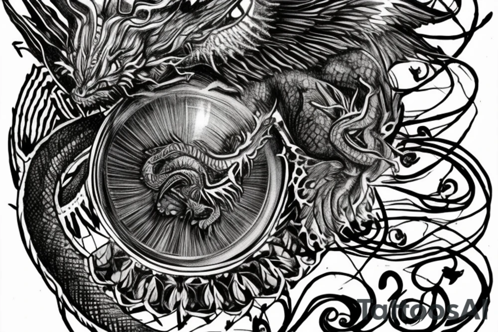 tattoo, drawing on paper, sketch, chimera,big , dragons wings, lions mane, crystal ball, shaman, dark, vertical, horns, dragons claws, shadow, snake tail, trippy, crystal ball at bottom, feet on crystal ball, tribal, black and white, big black wings, high quality, good design, artist, interesting, thoughtful, dragon scales, totem pole shape, vertically stacked, realistic, meditate, full image tattoo idea