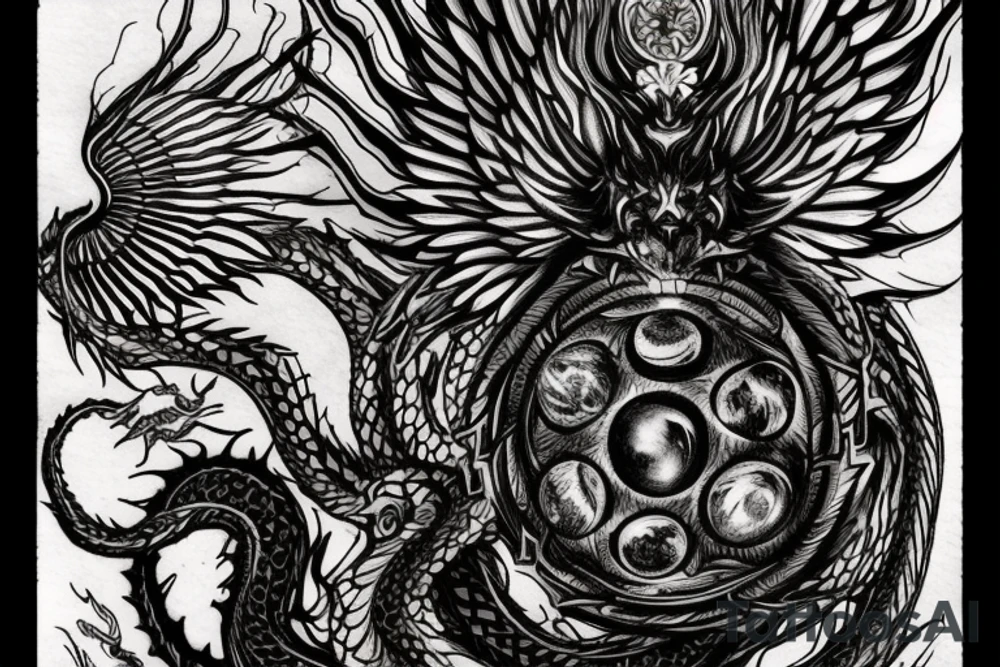 tattoo, drawing on paper, sketch, chimera,big , dragons wings, lions mane, crystal ball, shaman, dark, vertical, horns, dragons claws, shadow, snake tail, trippy, crystal ball at bottom, feet on crystal ball, tribal, black and white, big black wings, high quality, good design, artist, interesting, thoughtful, dragon scales, totem pole shape, vertically stacked, realistic, meditate, full image tattoo idea