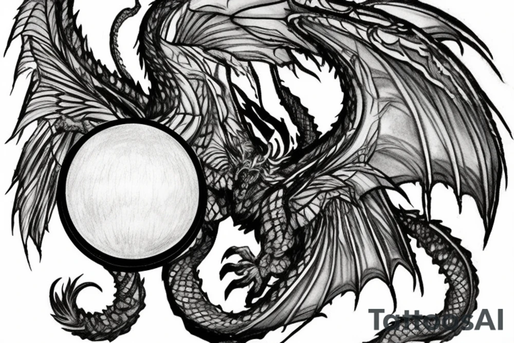 tattoo, drawing on paper, sketch, chimera,big , dragons wings, lions mane, crystal ball, shaman, dark, vertical, horns, dragons claws, shadow, snake tail, trippy, crystal ball at bottom, feet on crystal ball, tribal, black and white, big black wings, high quality, good design, artist, interesting, thoughtful, dragon scales, totem pole shape, vertically stacked, realistic, meditate, full image tattoo idea