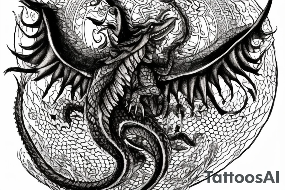 tattoo, drawing on paper, sketch, chimera,big , dragons wings, lions mane, crystal ball, shaman, dark, vertical, horns, dragons claws, shadow, snake tail, trippy, crystal ball at bottom, feet on crystal ball, tribal, black and white, big black wings, high quality, good design, artist, interesting, thoughtful, dragon scales, totem pole shape, vertically stacked, realistic, meditate, full image tattoo idea