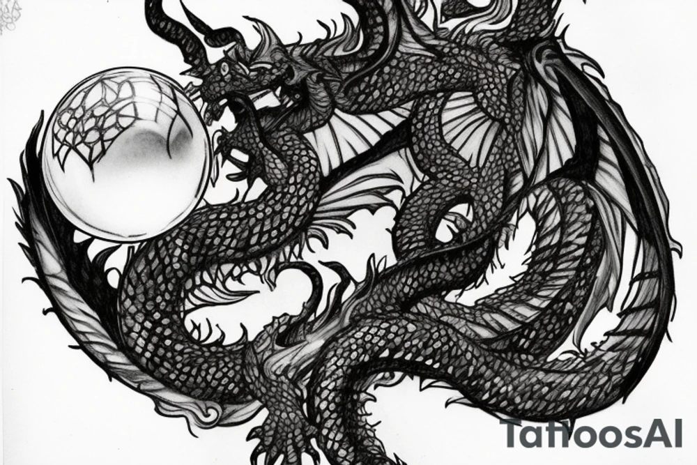 tattoo, drawing on paper, sketch, chimera,big , dragons wings, lions mane, crystal ball, shaman, dark, vertical, horns, dragons claws, shadow, snake tail, trippy, crystal ball at bottom, feet on crystal ball, tribal, black and white, big black wings, high quality, good design, artist, interesting, thoughtful, dragon scales, totem pole shape, vertically stacked, realistic, meditate, full image tattoo idea