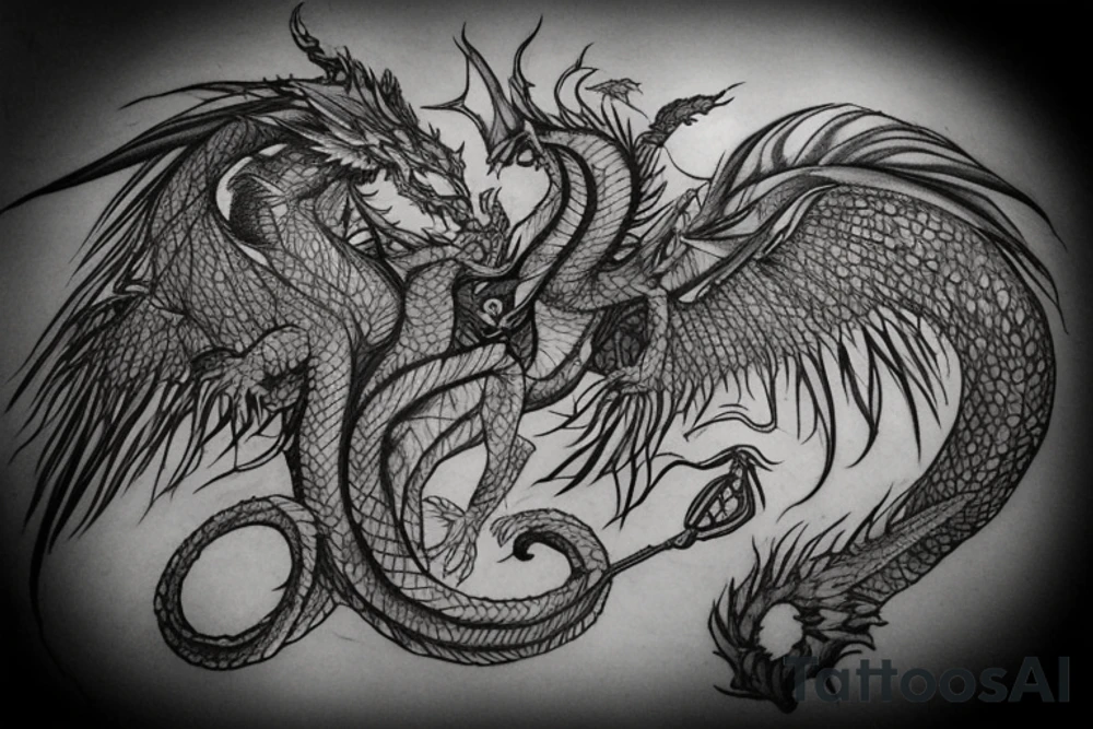 tattoo, drawing on paper, sketch, chimera,big , dragons wings, lions mane, crystal ball, shaman, dark, vertical, horns, dragons claws, shadow, snake tail, trippy, crystal ball at bottom, feet on crystal ball, tribal, black and white, big black wings, high quality, good design, artist, interesting, thoughtful, dragon scales, totem pole shape, vertically stacked, realistic, meditate, full image tattoo idea