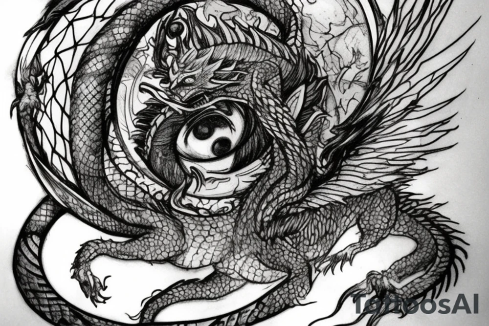 tattoo, drawing on paper, sketch, chimera,big , dragons wings, lions mane, crystal ball, shaman, dark, vertical, horns, dragons claws, shadow, snake tail, trippy, crystal ball at bottom, feet on crystal ball, tribal, black and white, big black wings, high quality, good design, artist, interesting, thoughtful, dragon scales, totem pole shape, vertically stacked, realistic, meditate, full image tattoo idea