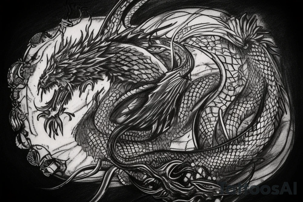 tattoo, drawing on paper, sketch, chimera,big , dragons wings, lions mane, crystal ball, shaman, dark, vertical, horns, dragons claws, shadow, snake tail, trippy, crystal ball at bottom, feet on crystal ball, tribal, black and white, big black wings, high quality, good design, artist, interesting, thoughtful, dragon scales, totem pole shape, vertically stacked, realistic, meditate, full image tattoo idea