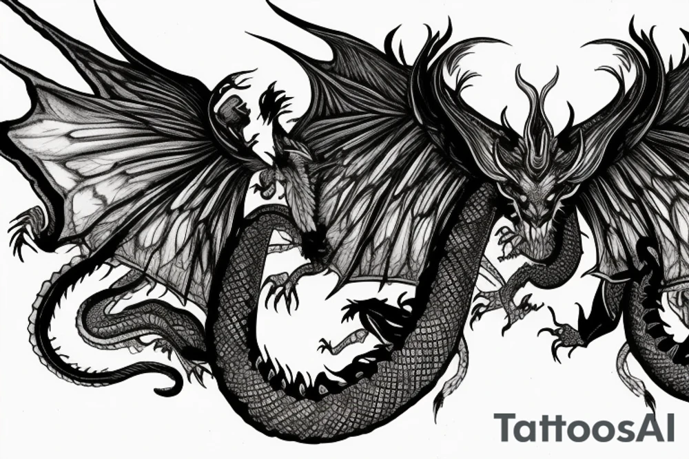 tattoo, drawing on paper, sketch, chimera,big , dragons wings, lions mane, crystal ball, shaman, dark, vertical, horns, dragons claws, shadow, snake tail, trippy, crystal ball at bottom, feet on crystal ball, tribal, black and white, big black wings, high quality, good design, artist, interesting, thoughtful, dragon scales, totem pole shape, vertically stacked, realistic, meditate, full image tattoo idea