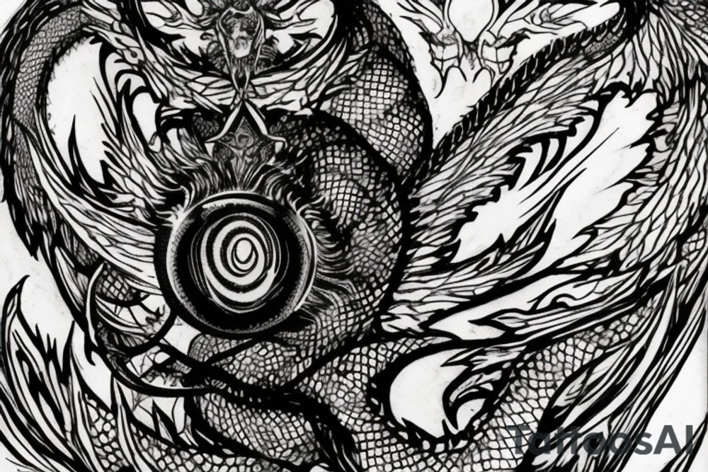 tattoo, drawing on paper, sketch, chimera,big , dragons wings, lions mane, crystal ball, shaman, dark, vertical, horns, dragons claws, shadow, snake tail, trippy, crystal ball at bottom, feet on crystal ball, tribal, black and white, big black wings, high quality, good design, artist, interesting, thoughtful, dragon scales, totem pole shape, vertically stacked, realistic, meditate, full image tattoo idea
